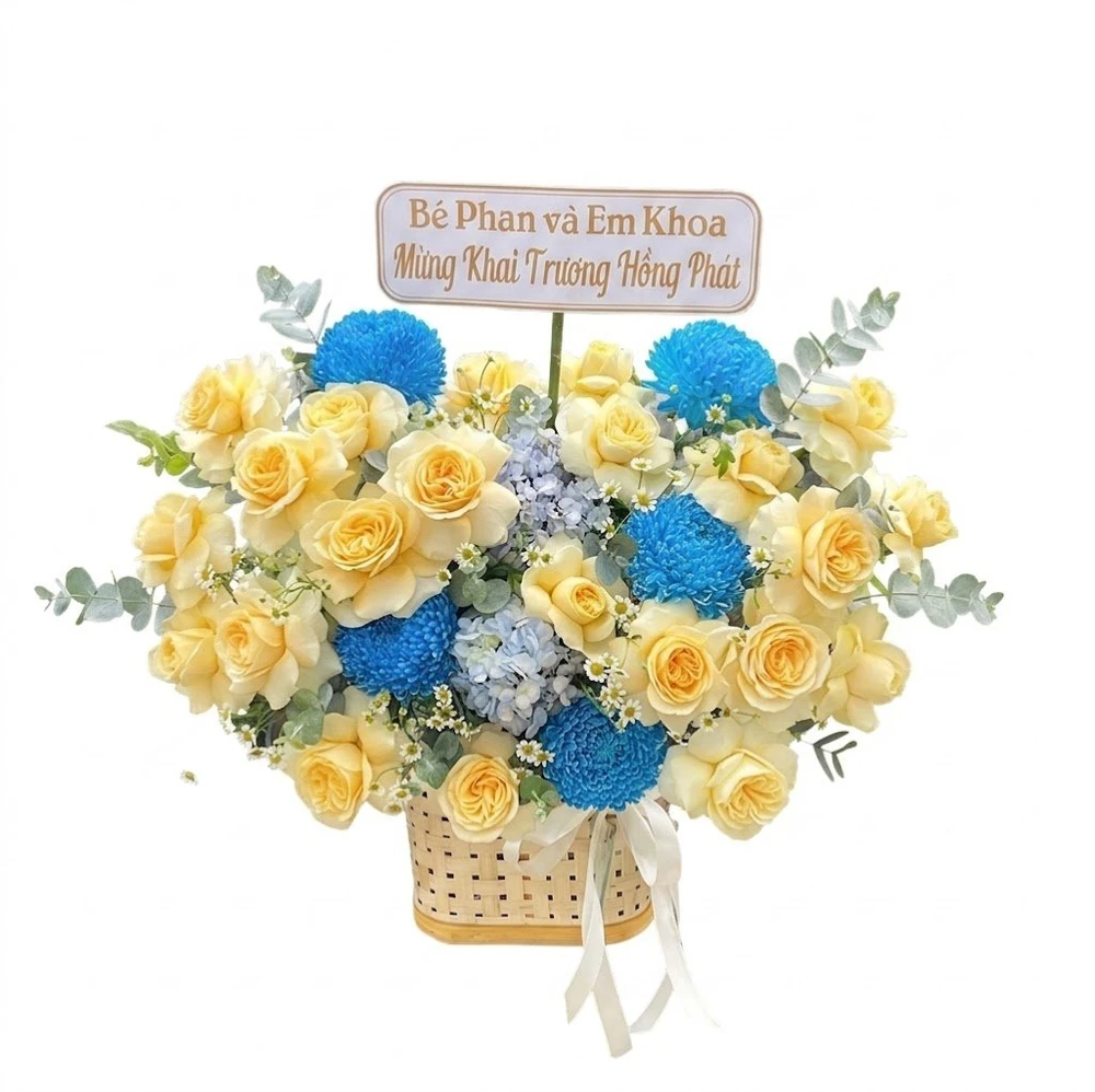 Giỏ Hoa Hồng Vàng Mix Mẫu Đơn Hy Vọng