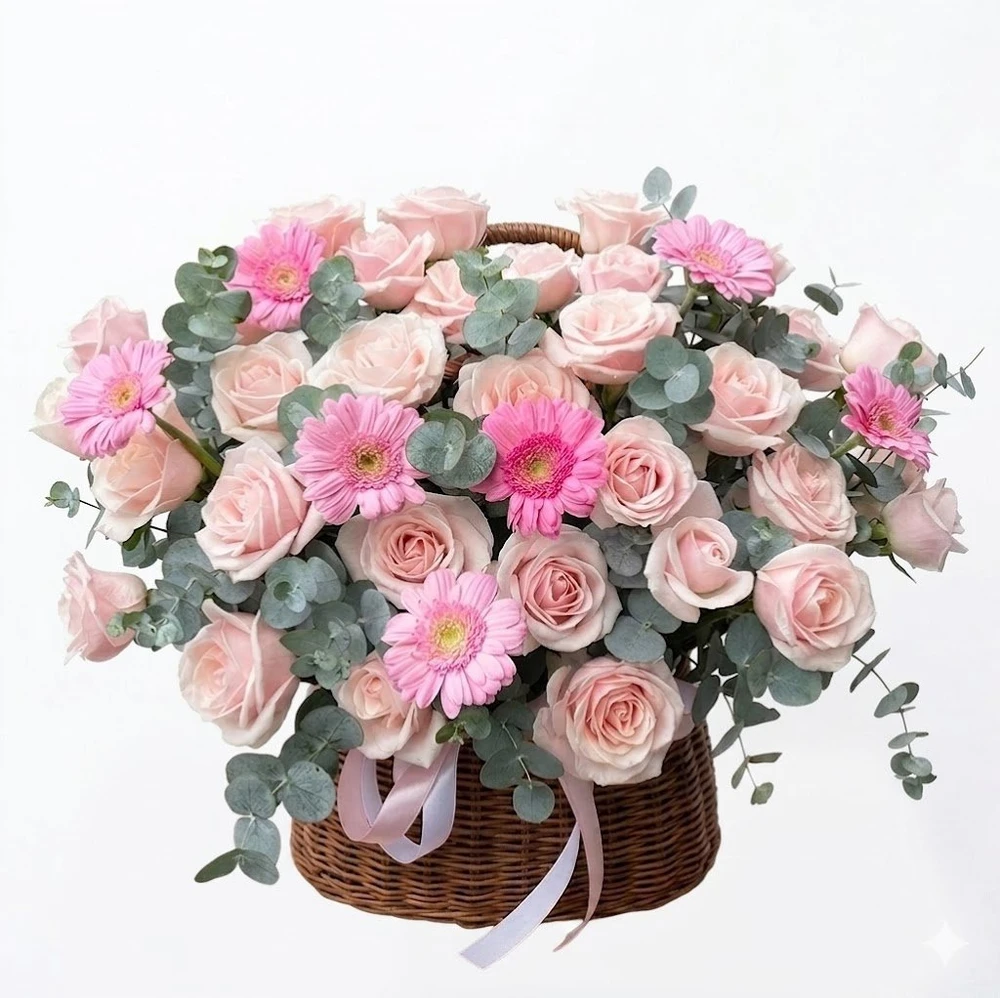 Giỏ Hoa Hồng Tươi Mix Cúc Đồng Tiền Trong Trẻo