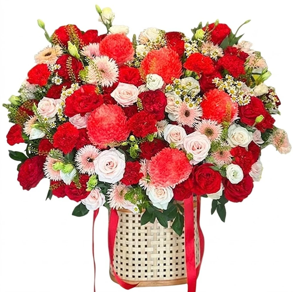 Giỏ Hoa Cúc Mẫu Đơn Mix Hồng Đỏ Xao Xuyến