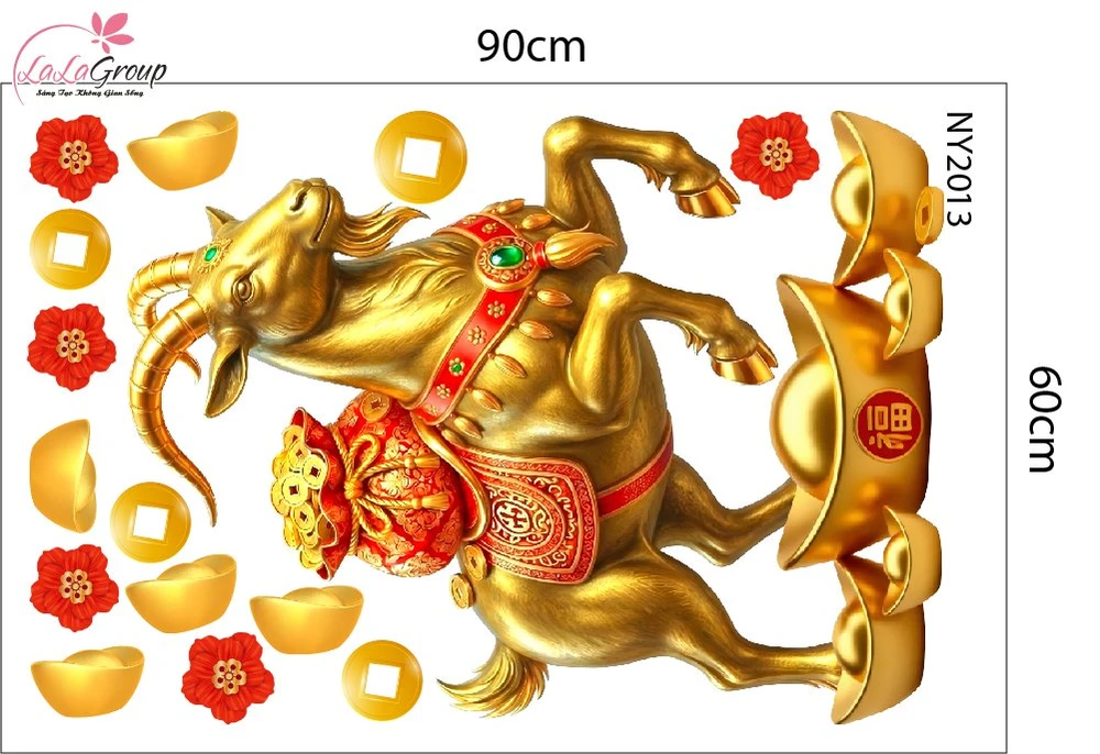Decal Trang Trí Tết Đinh Mùi Dê Vàng Phú Quý Tài Lộc