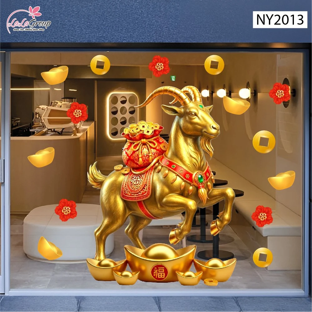 Decal Trang Trí Tết Đinh Mùi Dê Vàng Phú Quý Tài Lộc