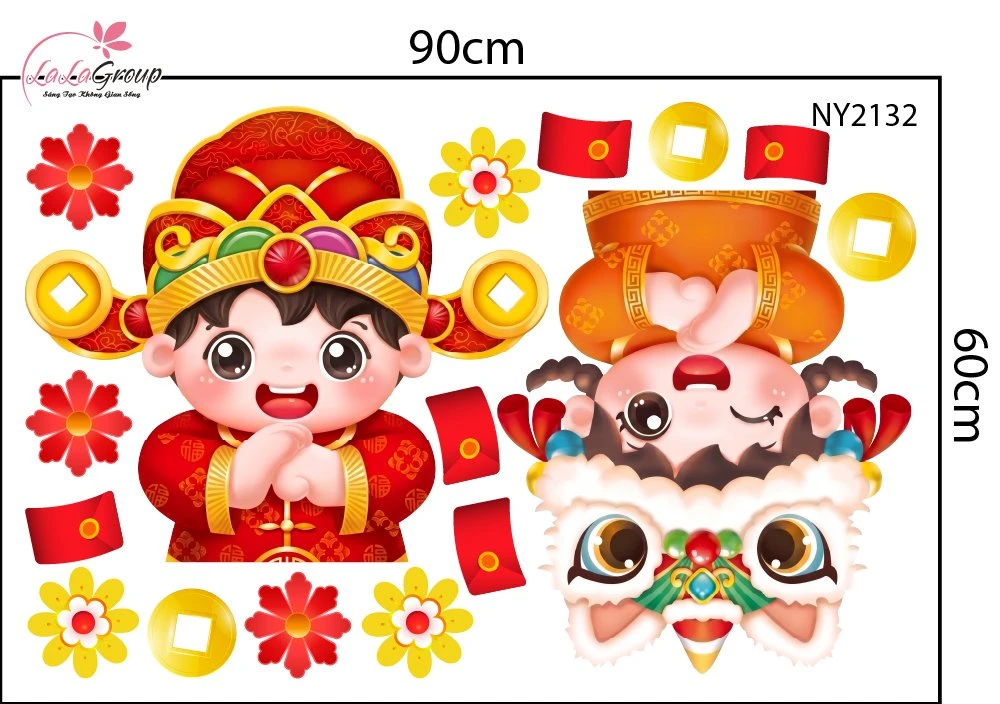 Decal Trang Trí Tết Cặp Bé Chúc Tết Múa Lân Đón Xuân Phát Tài