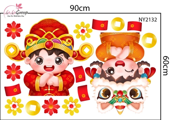 Decal Trang Trí Tết Cặp Bé Chúc Tết Múa Lân Đón Xuân Phát Tài