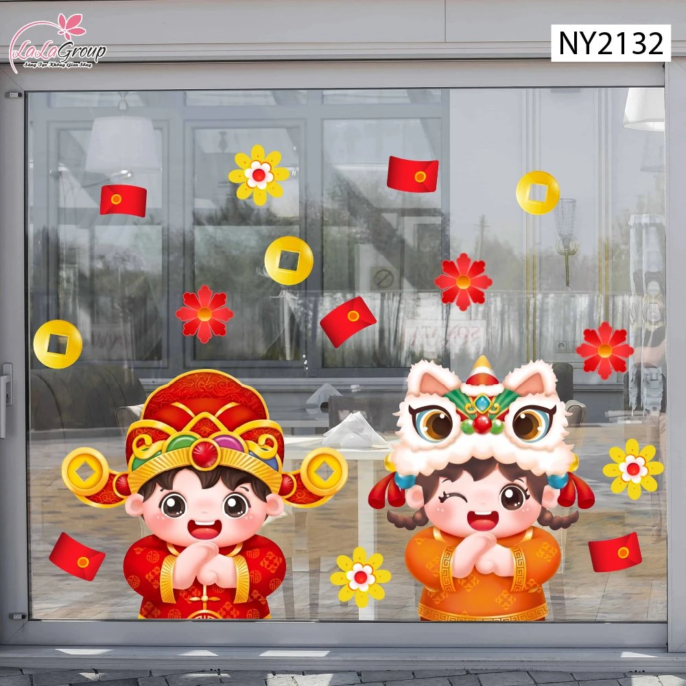 Decal Trang Trí Tết Cặp Bé Chúc Tết Múa Lân Đón Xuân Phát Tài