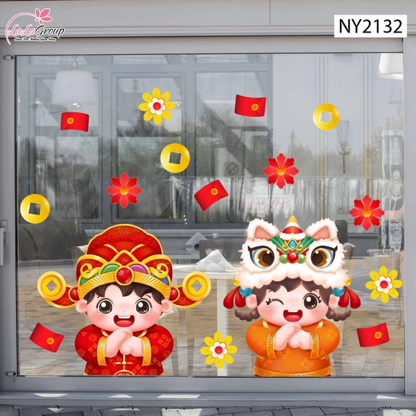 Decal Trang Trí Tết Cặp Bé Chúc Tết Múa Lân Đón Xuân Phát Tài