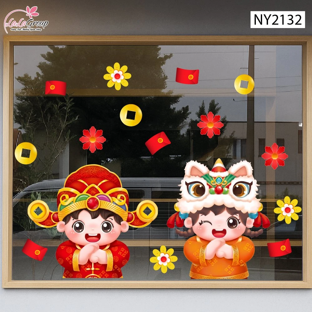 Decal Trang Trí Tết Cặp Bé Chúc Tết Múa Lân Đón Xuân Phát Tài