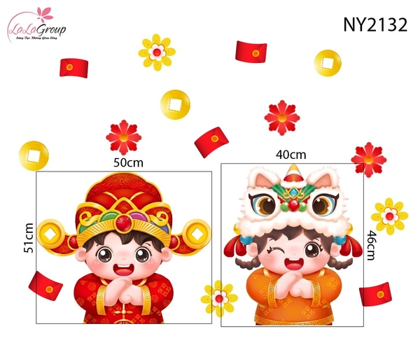 Decal Trang Trí Tết Cặp Bé Chúc Tết Múa Lân Đón Xuân Phát Tài