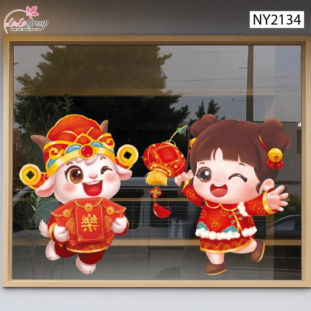 Decal Trang Trí Tết Chú Dê Thần Tài Và Bé Gái Rước Đèn Đón Xuân
