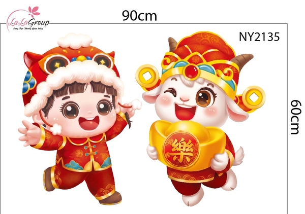 Decal Trang Trí Tết Chú Dê Thần Tài Và Cậu Bé Đón Xuân