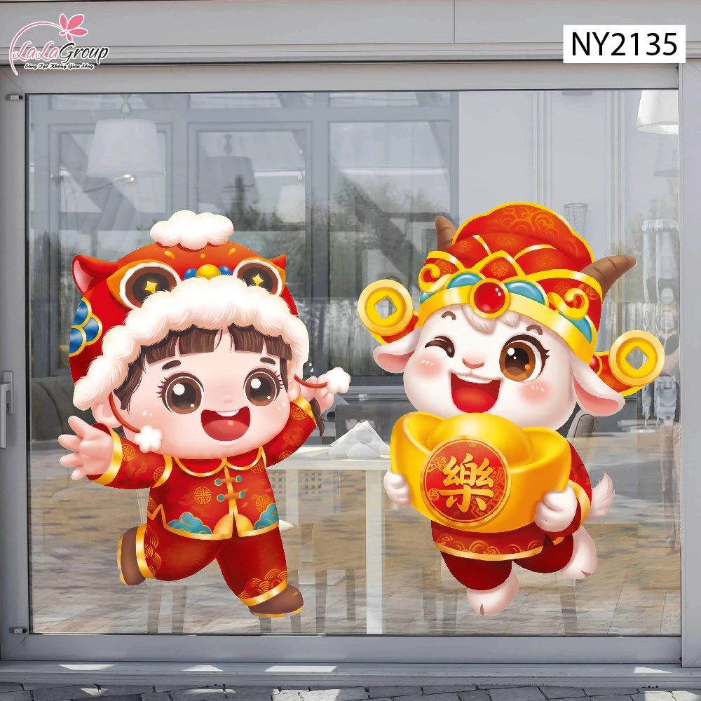 Decal Trang Trí Tết Chú Dê Thần Tài Và Cậu Bé Đón Xuân