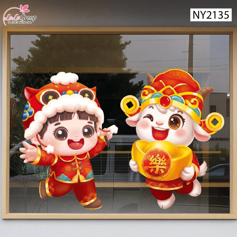 Decal Trang Trí Tết Chú Dê Thần Tài Và Cậu Bé Đón Xuân
