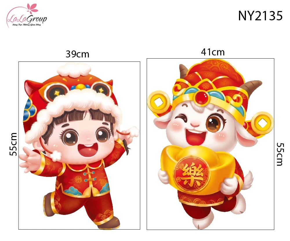 Decal Trang Trí Tết Chú Dê Thần Tài Và Cậu Bé Đón Xuân