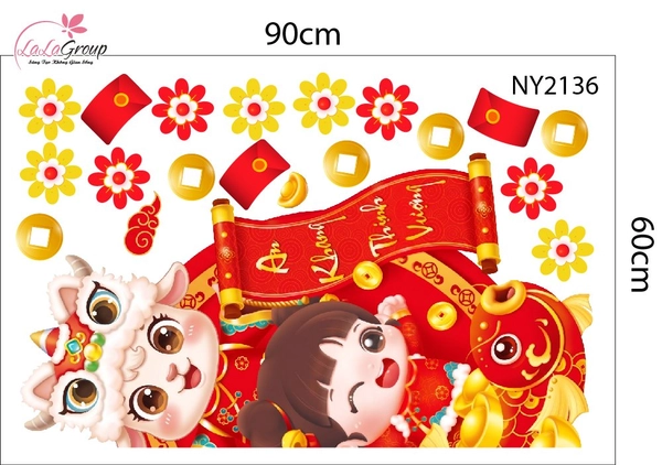 Decal Trang Trí Tết Dê Con Và Bé Gái Cầm Liễn An Khang Thịnh Vượng