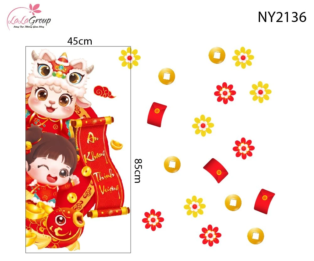 Decal Trang Trí Tết Dê Con Và Bé Gái Cầm Liễn An Khang Thịnh Vượng