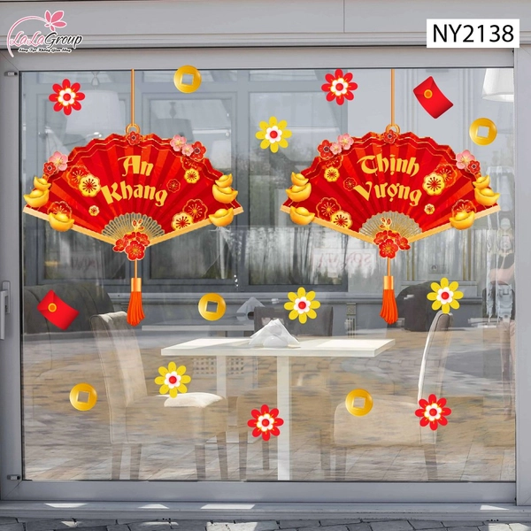 Decal Trang Trí Tết Cặp Liễn Quạt An Khang Thịnh Vượng