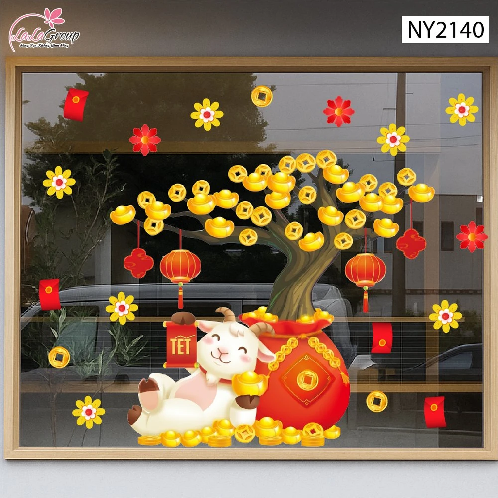 Decal Trang Trí Tết Chú Dê Nằm Gốc Cây Vàng Phú Quý
