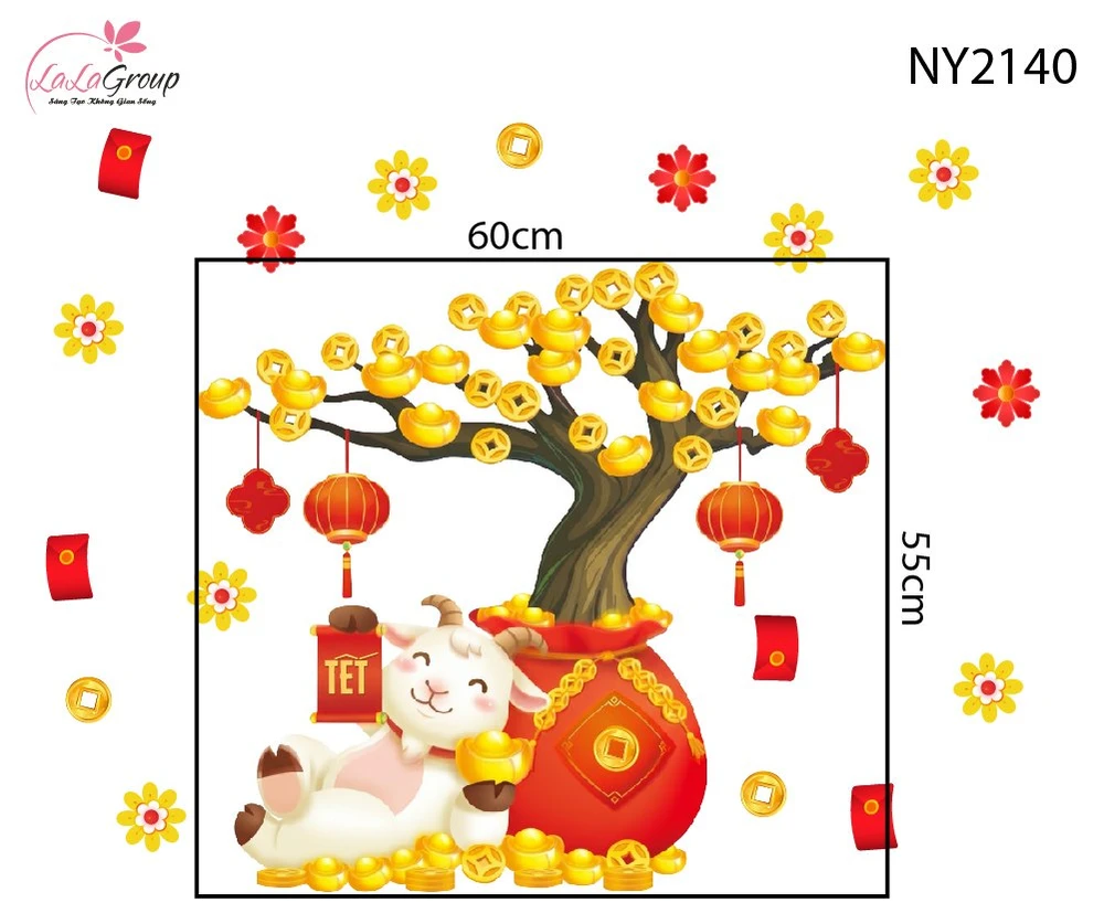 Decal Trang Trí Tết Chú Dê Nằm Gốc Cây Vàng Phú Quý