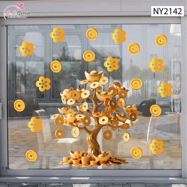 Decal Trang Trí Tết Cây Tiền Vàng May Mắn Đón Xuân