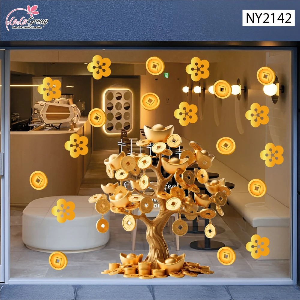 Decal Trang Trí Tết Cây Tiền Vàng May Mắn Đón Xuân