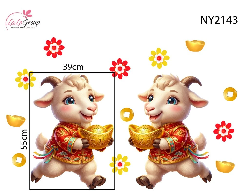 Decal Trang Trí Tết Cặp Dê Con Ôm Thỏi Vàng May Mắn