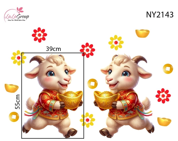 Decal Trang Trí Tết Cặp Dê Con Ôm Thỏi Vàng May Mắn