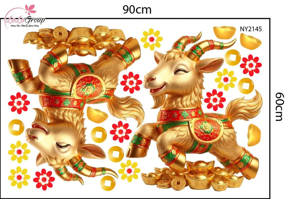 Decal Trang Trí Tết Cặp Dê Vàng Hoàng Kim Phú Quý