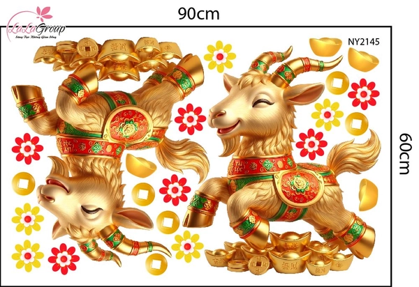 Decal Trang Trí Tết Cặp Dê Vàng Hoàng Kim Phú Quý
