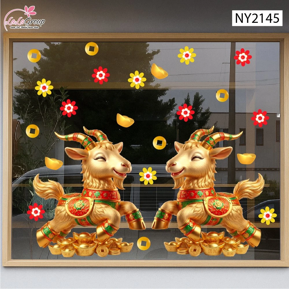 Decal Trang Trí Tết Cặp Dê Vàng Hoàng Kim Phú Quý
