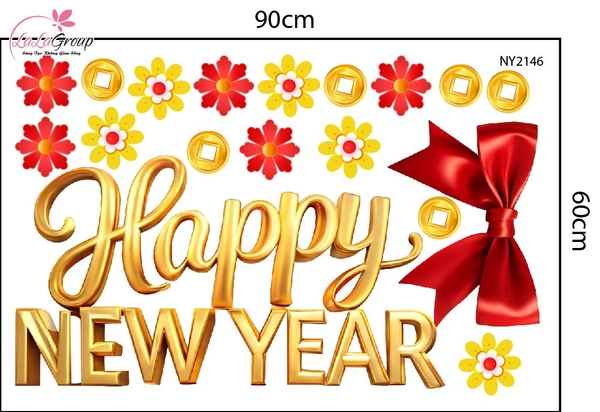 Decal Trang Trí Tết Chữ Happy New Year Kèm Nơ Đỏ