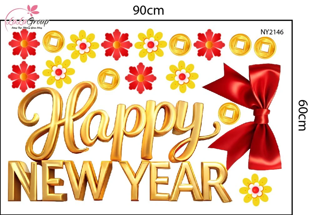 Decal Trang Trí Tết Chữ Happy New Year Kèm Nơ Đỏ