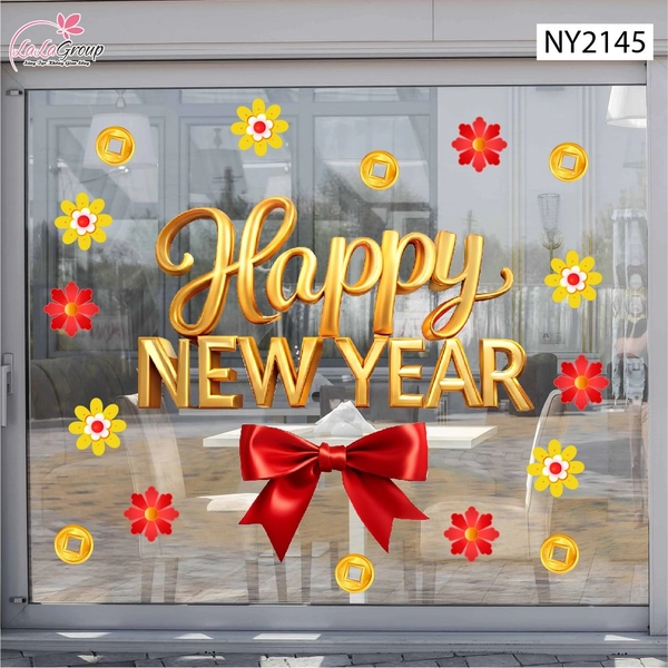 Decal Trang Trí Tết Chữ Happy New Year Kèm Nơ Đỏ