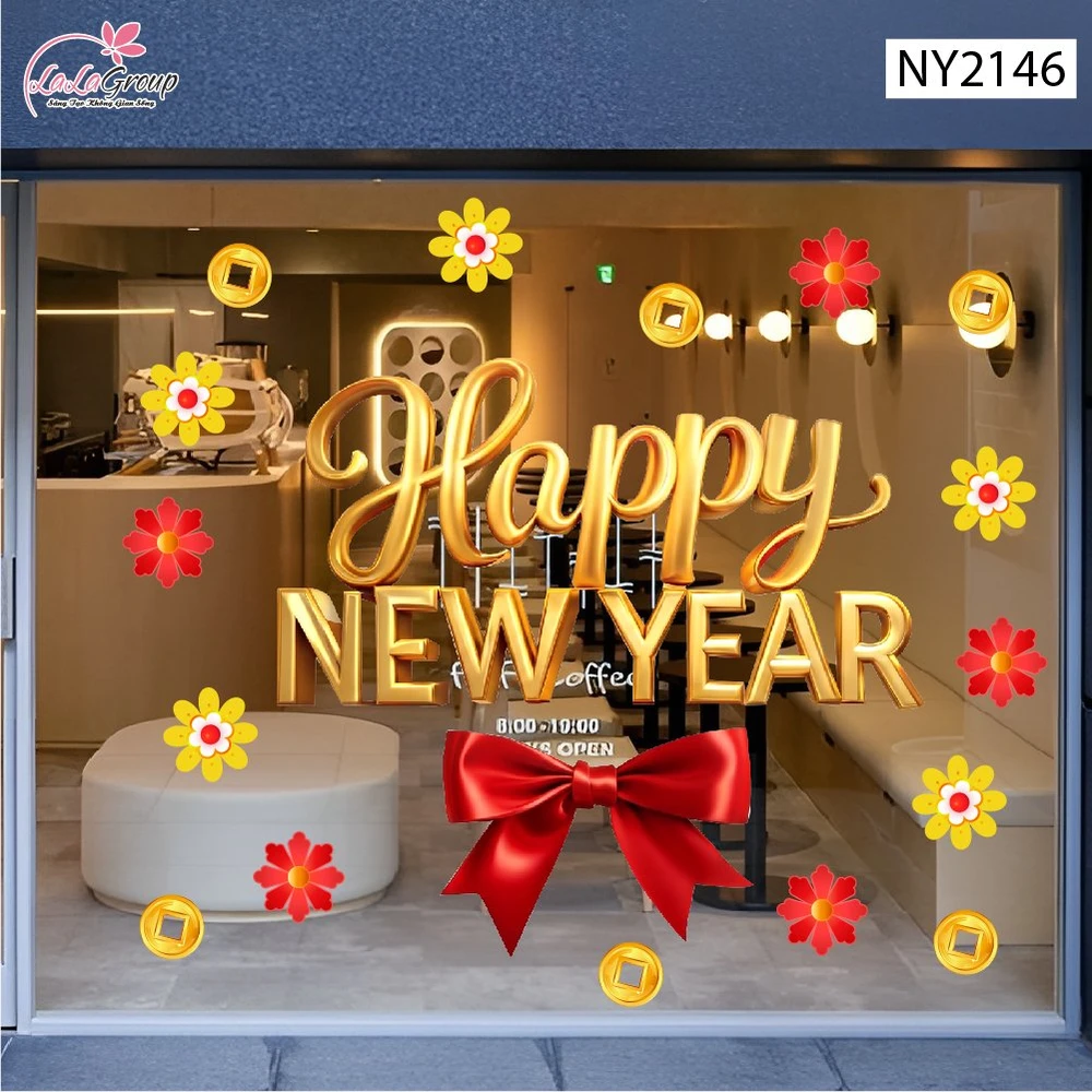 Decal Trang Trí Tết Chữ Happy New Year Kèm Nơ Đỏ