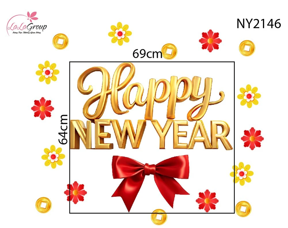 Decal Trang Trí Tết Chữ Happy New Year Kèm Nơ Đỏ