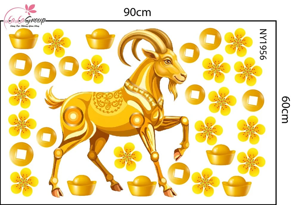 Decal Trang Trí Tết Dê Vàng Đón Xuân