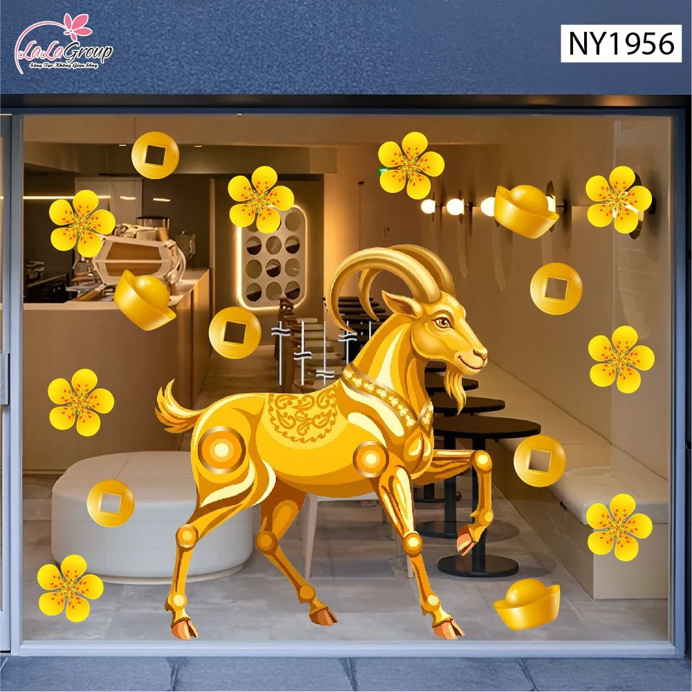 Decal Trang Trí Tết Dê Vàng Đón Xuân