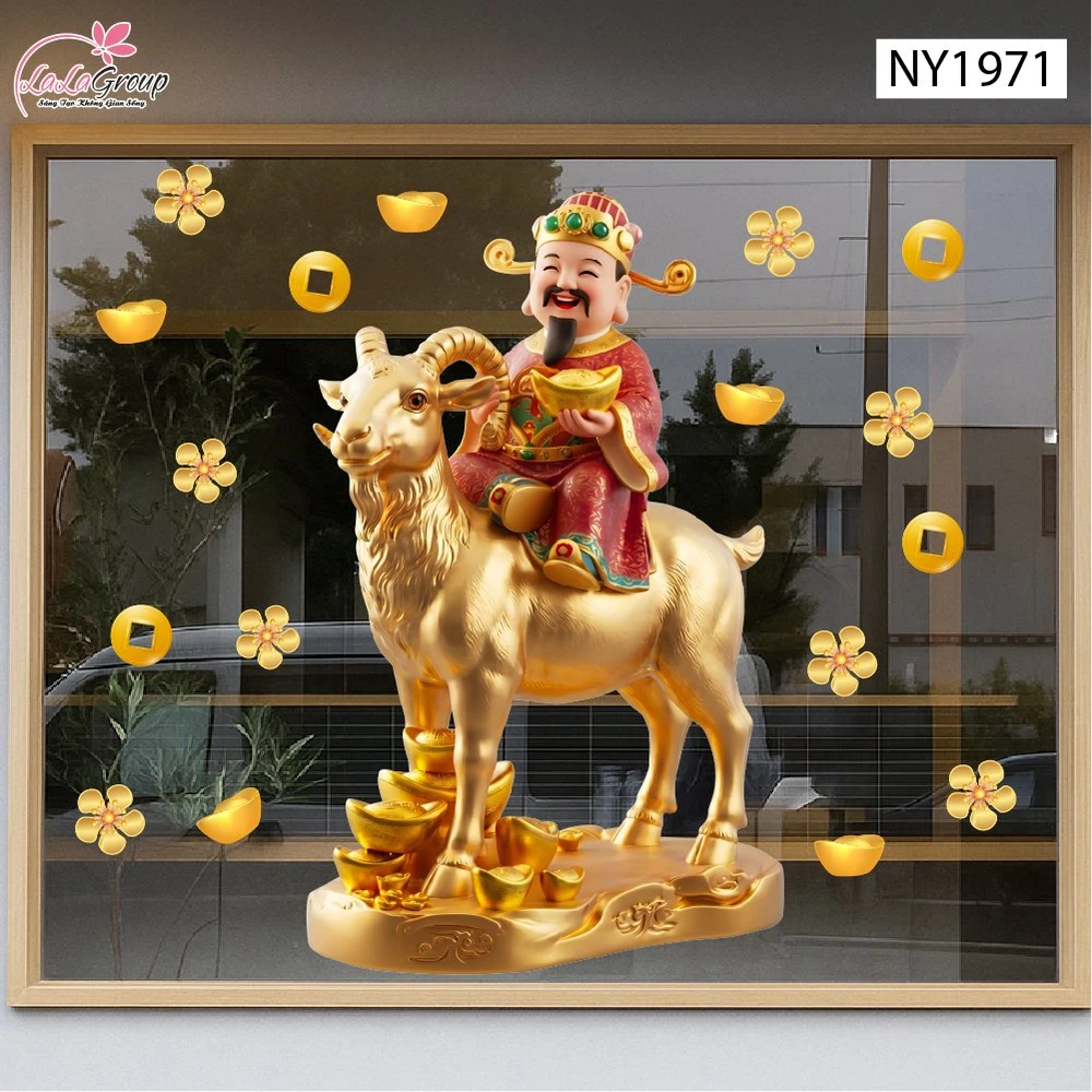 Decal Trang Trí Tết Thần Tài Cưỡi Kim Dương Tài Lộc