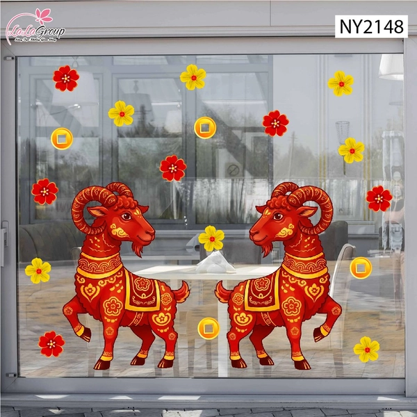 Decal Trang Trí Tết Cặp Dê Đỏ May Mắn Đón Xuân