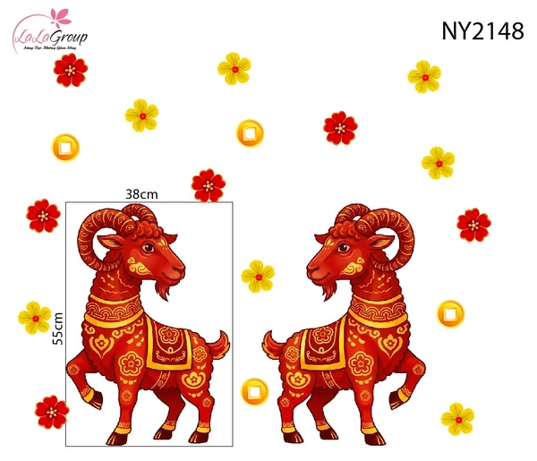 Decal Trang Trí Tết Cặp Dê Đỏ May Mắn Đón Xuân