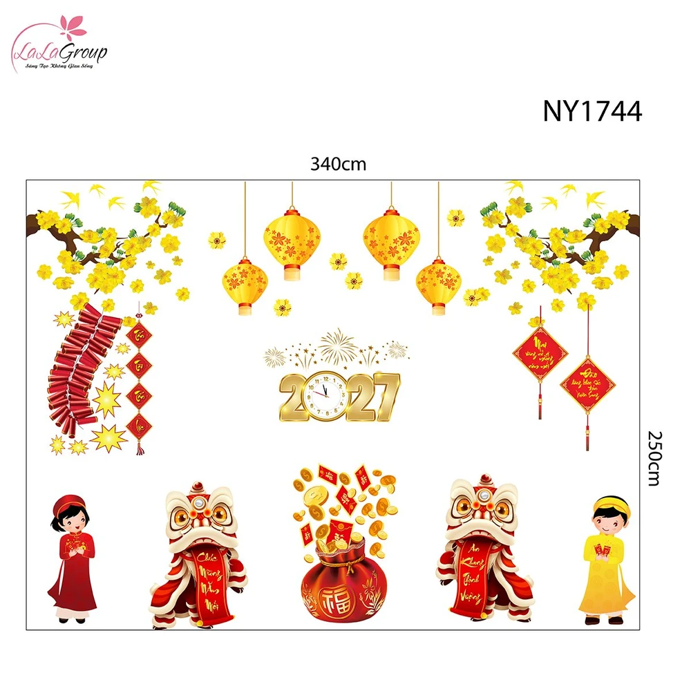 Combo Decal Trang Trí Tết Múa Lân Chúc Xuân 2027 An Khang Thịnh Vượng