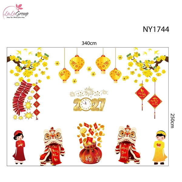 Combo Decal Trang Trí Tết Múa Lân Chúc Xuân 2027 An Khang Thịnh Vượng