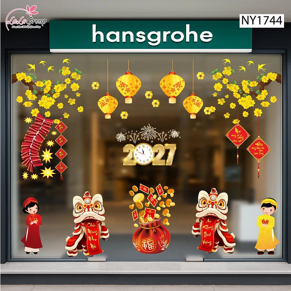 Combo Decal Trang Trí Tết Múa Lân Chúc Xuân 2027 An Khang Thịnh Vượng