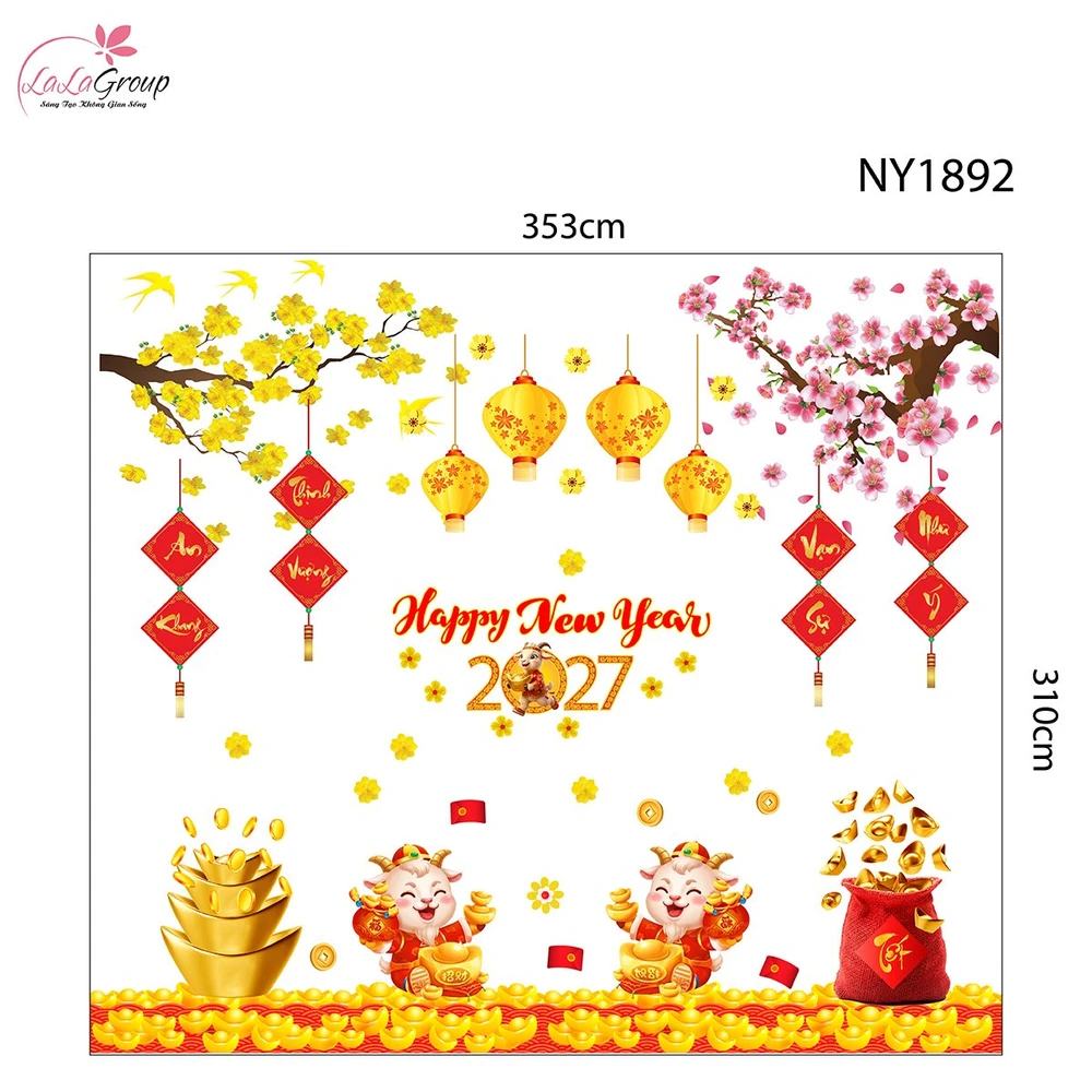 Combo Decal Trang Trí Tết Happy New Year Đinh Mùi 2027