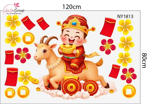 Combo Decal Trang Trí Tết 2027 Thần Tài Cưỡi Dê Rước Lộc Đầu Năm