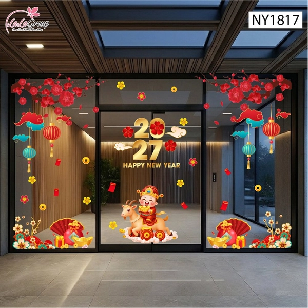 Combo Decal Trang Trí Tết 2027 Thần Tài Cưỡi Dê Rước Lộc Đầu Năm