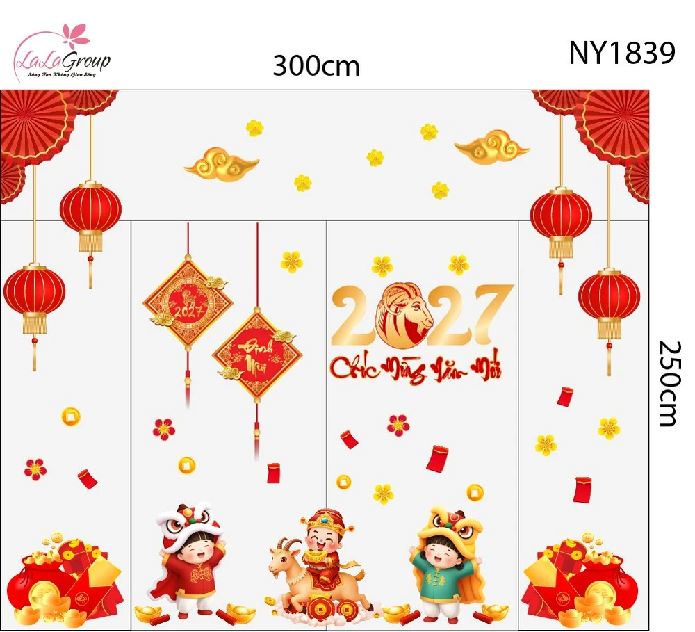 Combo Decal Trang Trí Tết Thần Tài Và Đôi Bé Múa Lân 2027