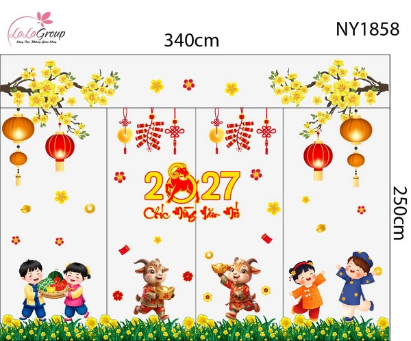 Combo Decal Trang Trí Tết Bé Vui Xuân Mừng Năm Mới Đinh Mùi
