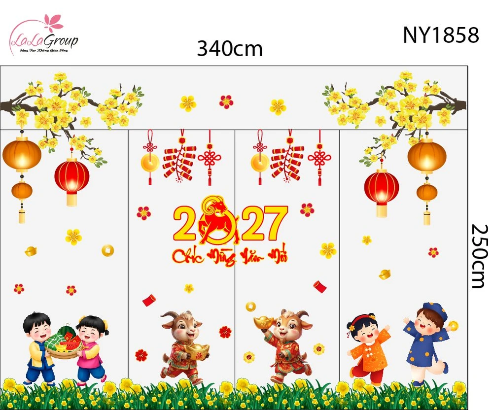 Combo Decal Trang Trí Tết Bé Vui Xuân Mừng Năm Mới Đinh Mùi