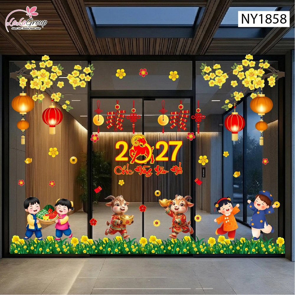 Combo Decal Trang Trí Tết Bé Vui Xuân Mừng Năm Mới Đinh Mùi