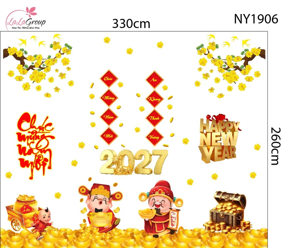 Combo Decal Trang Trí Tết Chúc Mừng Năm Mới Phú Quý Toàn Niên