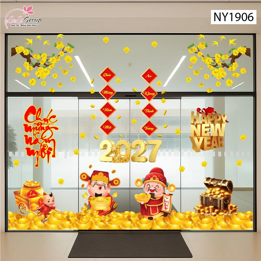 Combo Decal Trang Trí Tết Chúc Mừng Năm Mới Phú Quý Toàn Niên